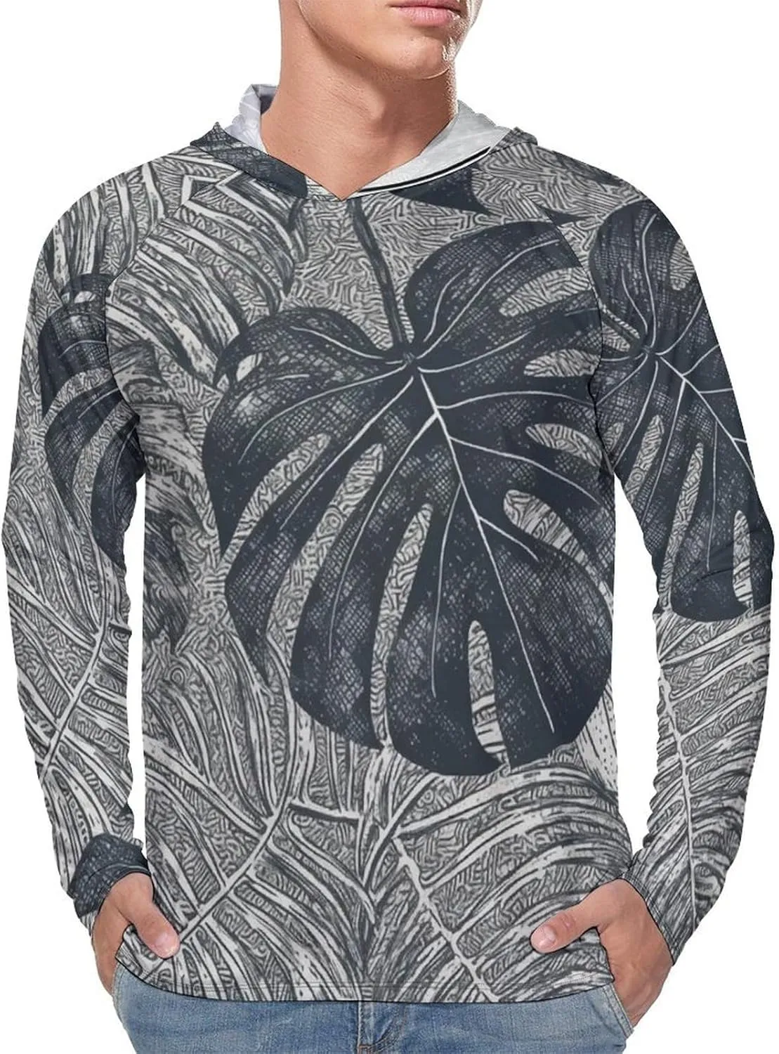 Men's UPF 50  Sun Protection Hoodie Outdoor UV Shirts Monstera Leaves Long Sleeve Quick Dry Fishing Hiking Shirt