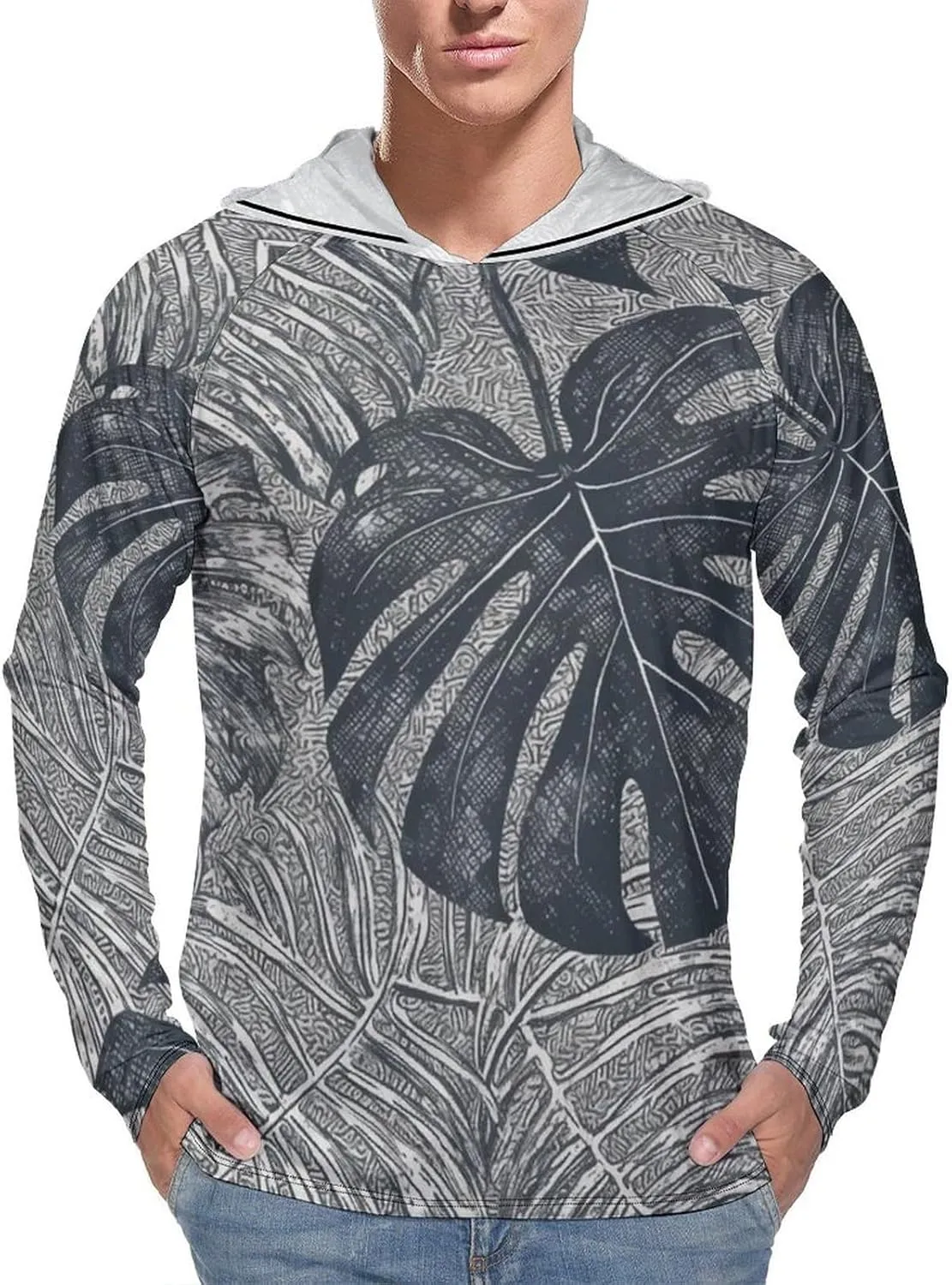 Men's UPF 50  Sun Protection Hoodie Outdoor UV Shirts Monstera Leaves Long Sleeve Quick Dry Fishing Hiking Shirt