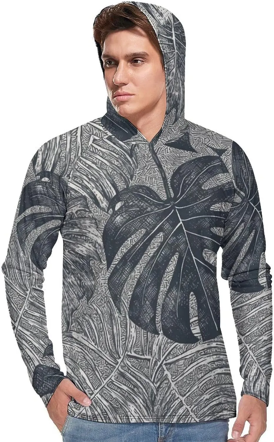 Men's UPF 50  Sun Protection Hoodie Outdoor UV Shirts Monstera Leaves Long Sleeve Quick Dry Fishing Hiking Shirt