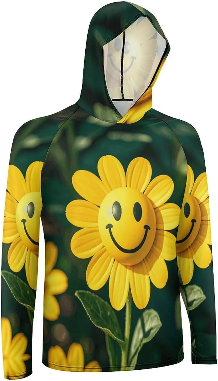 Men's UPF 50  Sun Protection Hoodie Outdoor UV Shirts Yellow Smiley Flower Long Sleeve Quick Dry Fishing Hiking Shirt