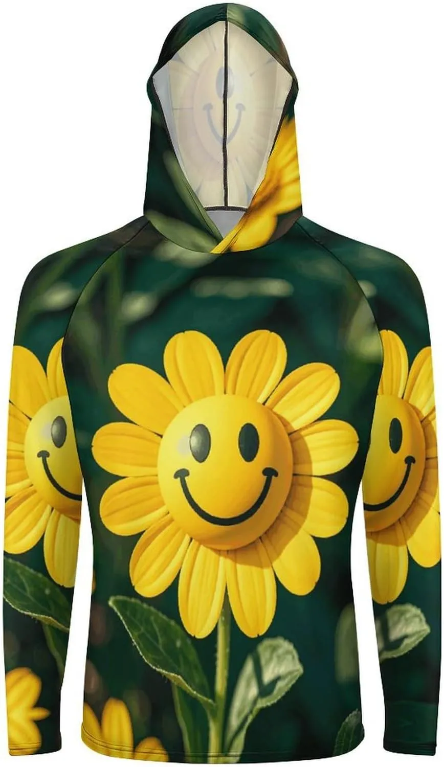 Men's UPF 50  Sun Protection Hoodie Outdoor UV Shirts Yellow Smiley Flower Long Sleeve Quick Dry Fishing Hiking Shirt