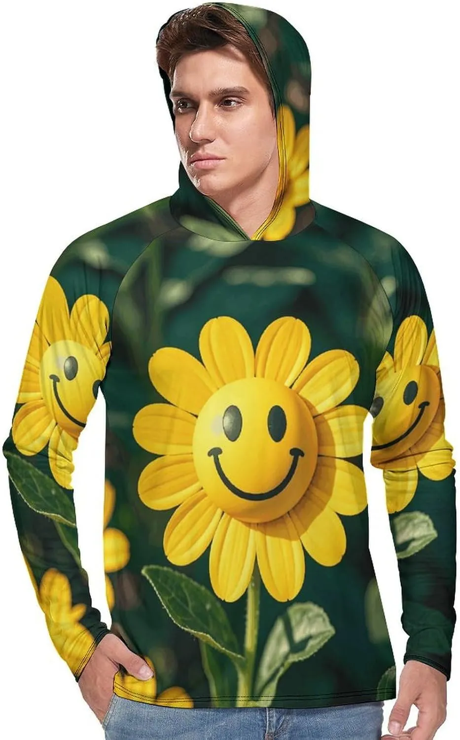Men's UPF 50  Sun Protection Hoodie Outdoor UV Shirts Yellow Smiley Flower Long Sleeve Quick Dry Fishing Hiking Shirt