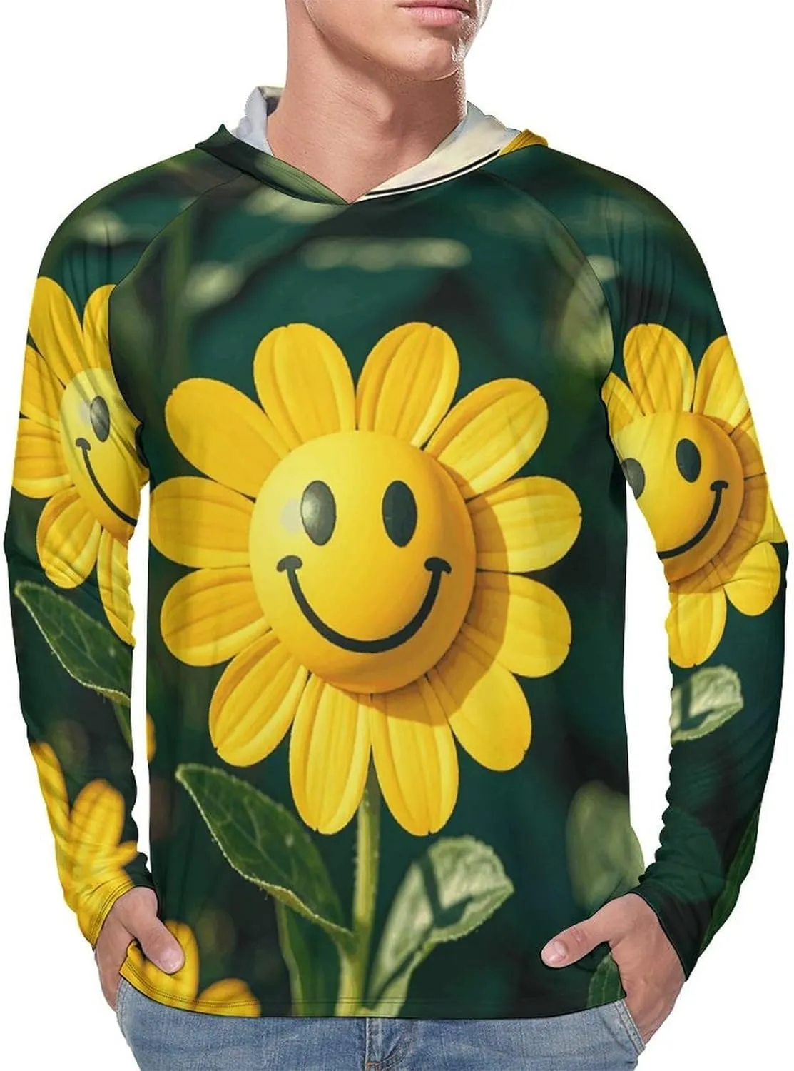 Men's UPF 50  Sun Protection Hoodie Outdoor UV Shirts Yellow Smiley Flower Long Sleeve Quick Dry Fishing Hiking Shirt