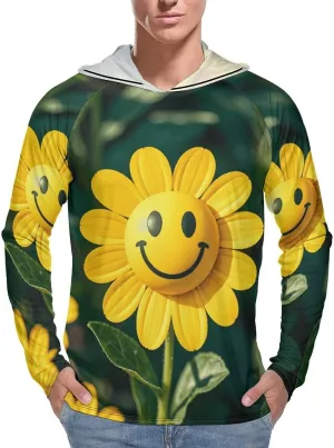Men's UPF 50  Sun Protection Hoodie Outdoor UV Shirts Yellow Smiley Flower Long Sleeve Quick Dry Fishing Hiking Shirt