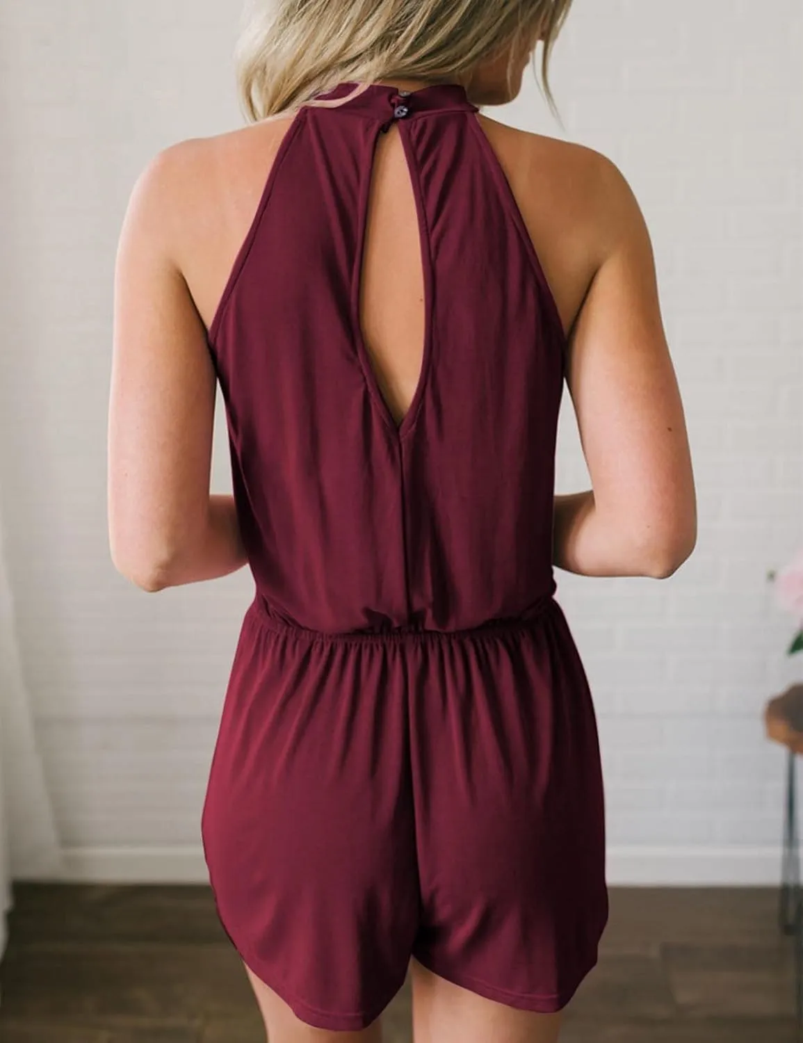 MEROKEETY Women's Summer Halter Neck Elastic Waist Solid Color Shorts Jumpsuit Rompers with Pockets