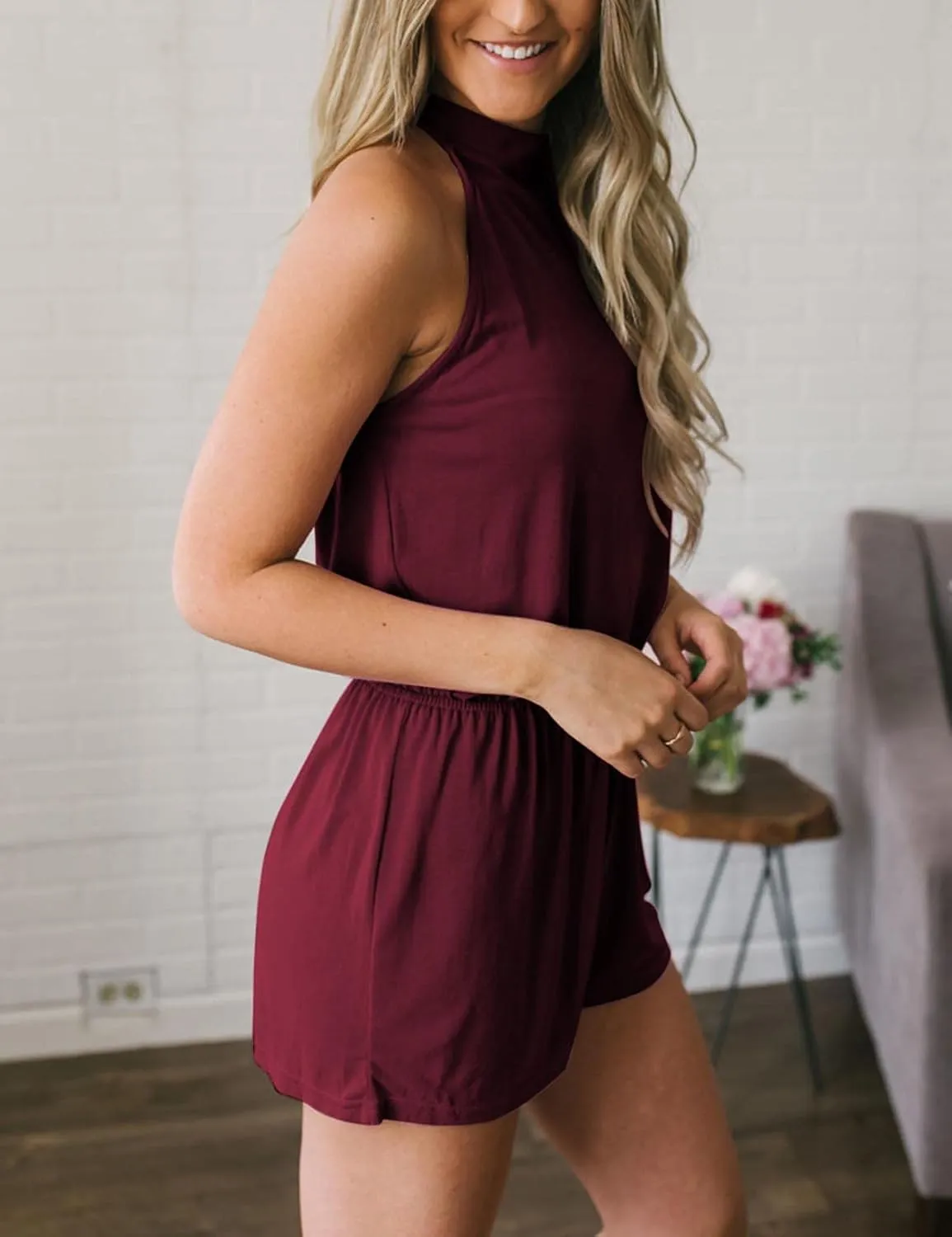 MEROKEETY Women's Summer Halter Neck Elastic Waist Solid Color Shorts Jumpsuit Rompers with Pockets