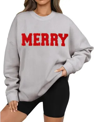 Merry Christmas Sweatshirts for Women Glitter Patch Merry Letter Shirts Crewneck Xmas Gifts Oversized Pullover Top
