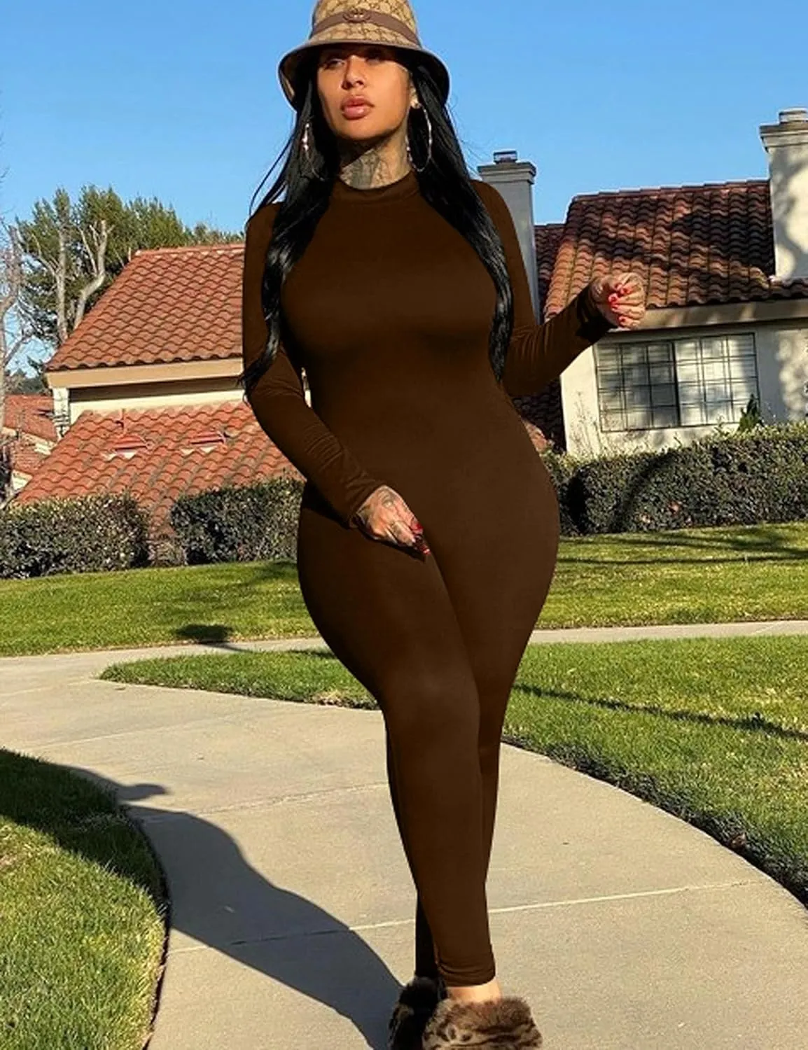 Mokoru Women's Sexy Bodycon Long Sleeve One Piece Jumpsuits Full Length Club Rompers