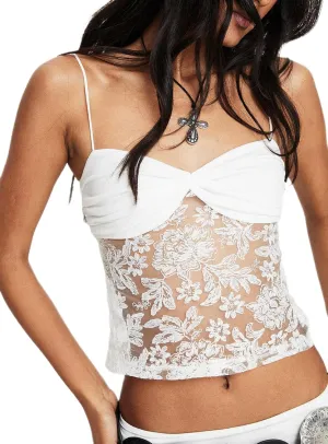 NUFIWI Women Y2k Lace Cami Tank Top Floral Mesh Spaghetti Strap Lace Trim Camisole Sexy Backless Sleeveless Crop Tops
