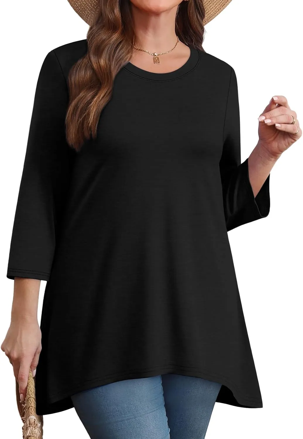 OFEEFAN Tunic Tops for Women Loose Fit Dressy 3/4 Length Sleeve Womens Tops with Asymmetrical Hem S-4XL