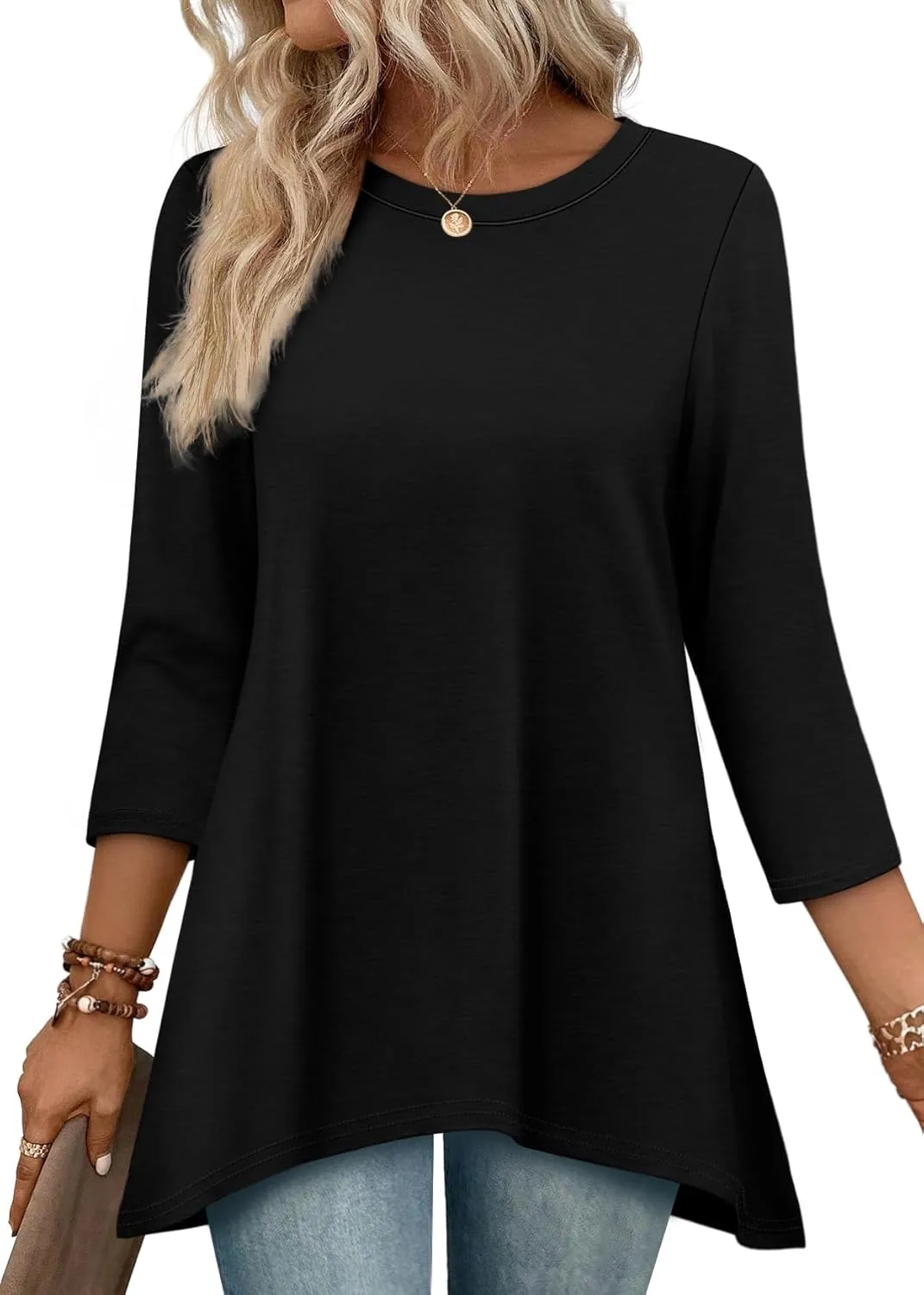 OFEEFAN Tunic Tops for Women Loose Fit Dressy 3/4 Length Sleeve Womens Tops with Asymmetrical Hem S-4XL