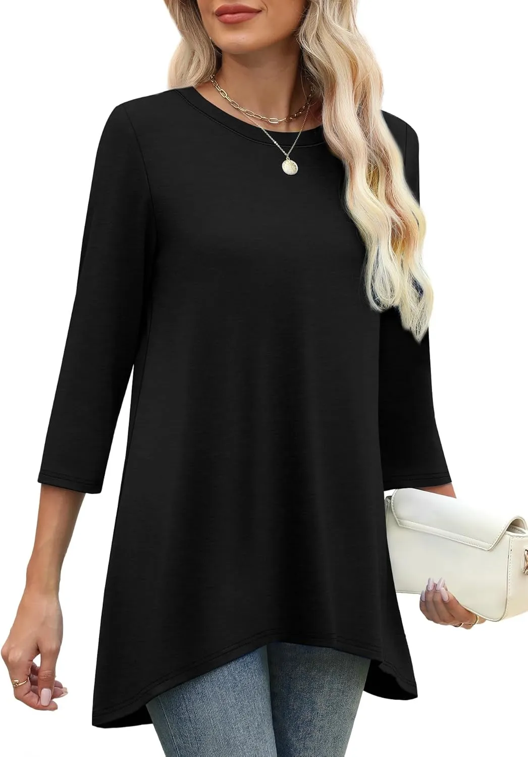 OFEEFAN Tunic Tops for Women Loose Fit Dressy 3/4 Length Sleeve Womens Tops with Asymmetrical Hem S-4XL
