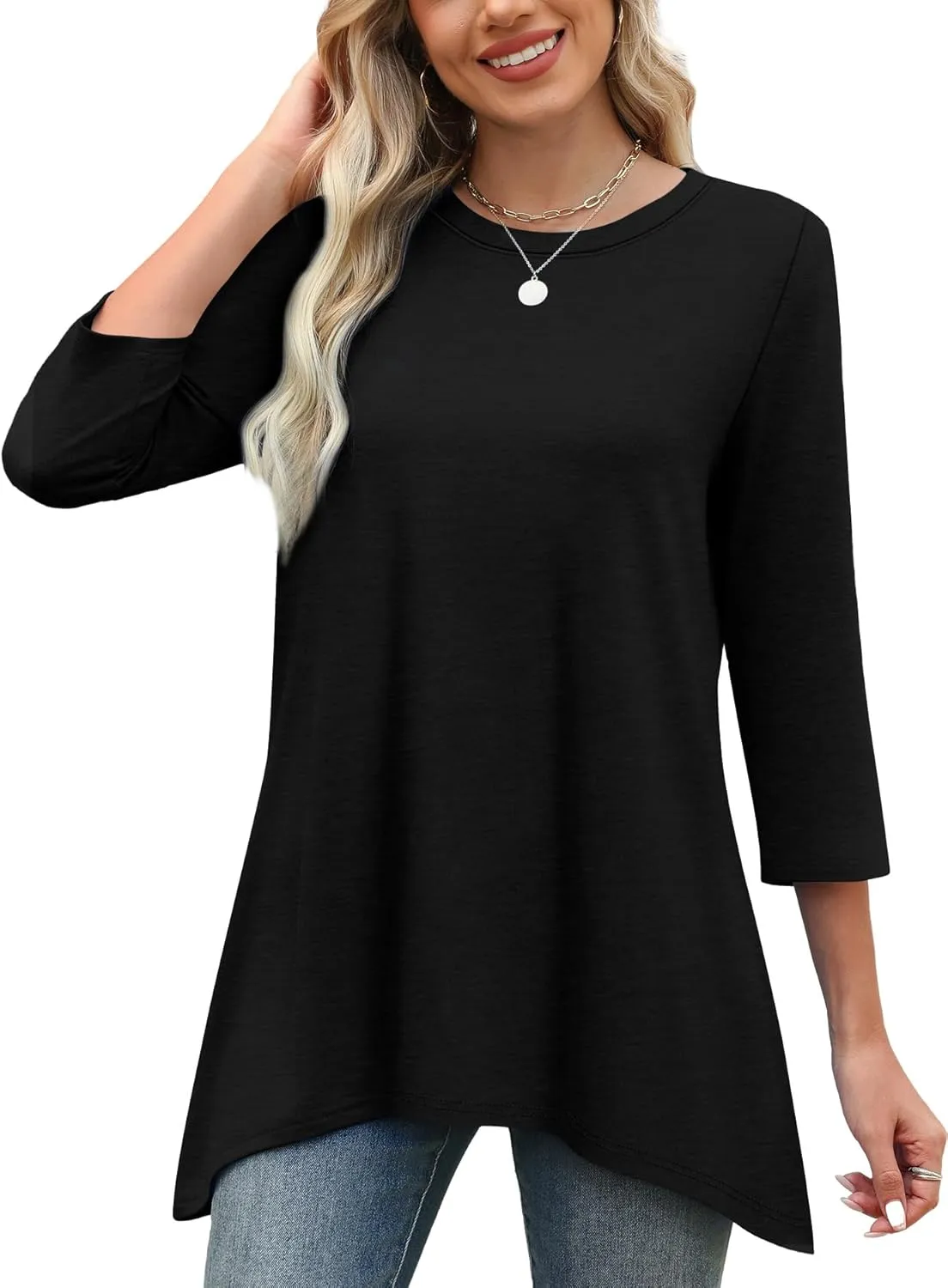OFEEFAN Tunic Tops for Women Loose Fit Dressy 3/4 Length Sleeve Womens Tops with Asymmetrical Hem S-4XL