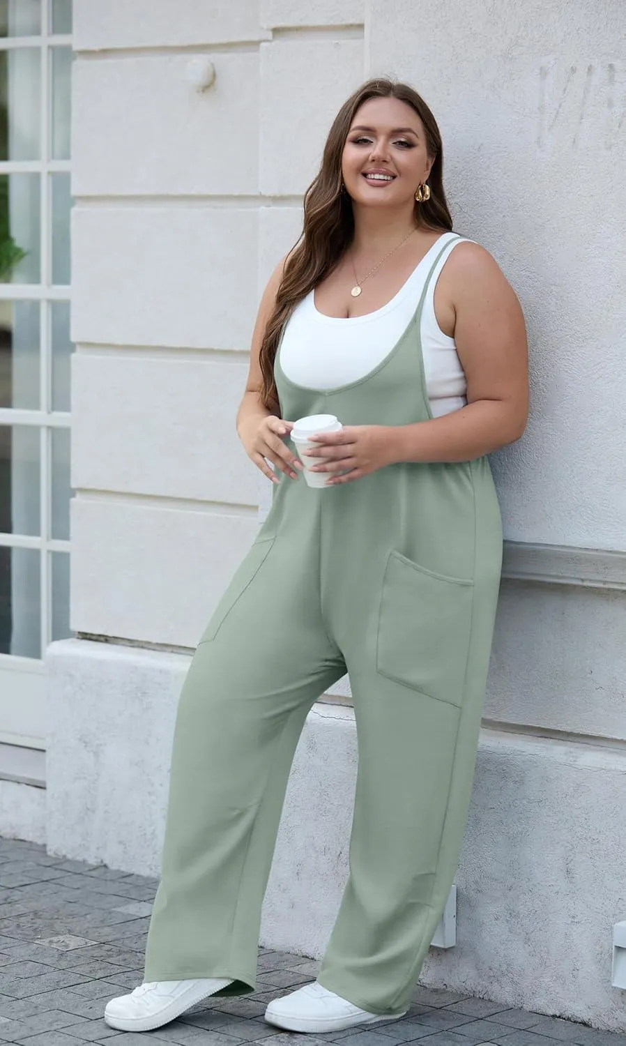 OLRIK 2025 Summer Women Plus Size Jumpsuit Adjustable Strap Overalls Loose Fit Stretchy Romper With Pockets