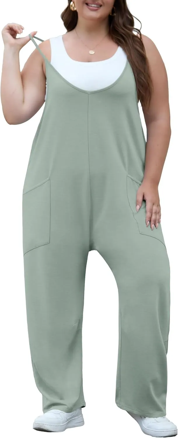 OLRIK 2025 Summer Women Plus Size Jumpsuit Adjustable Strap Overalls Loose Fit Stretchy Romper With Pockets