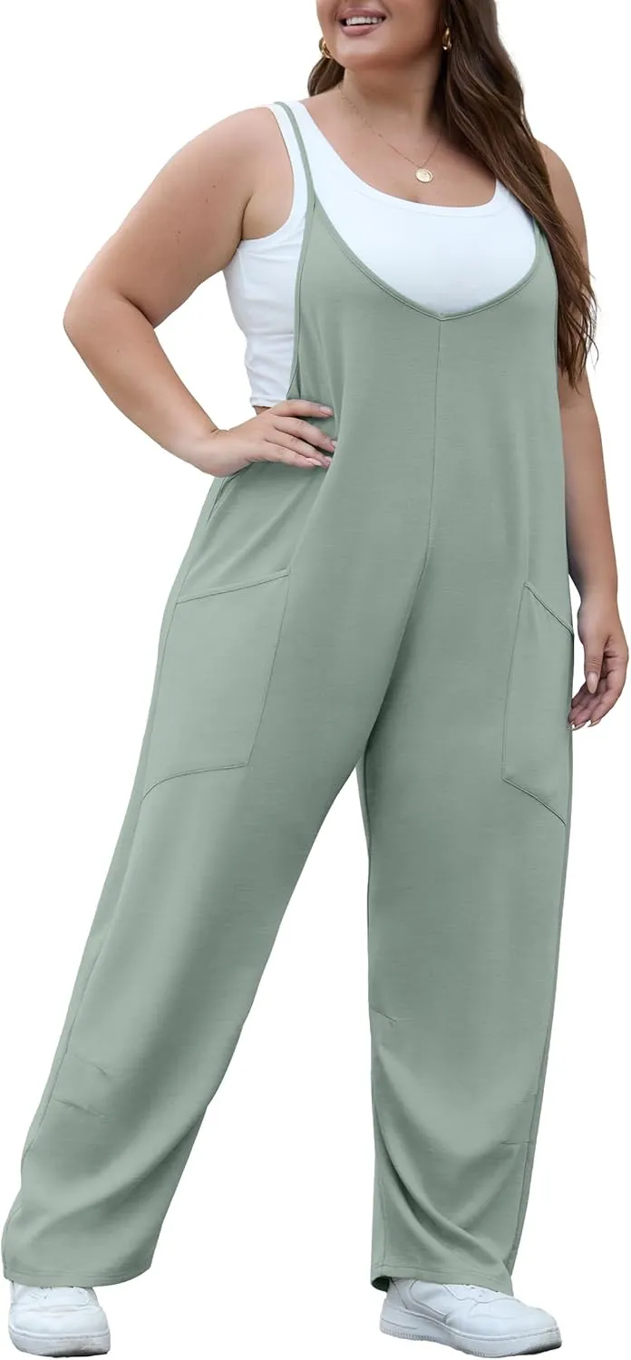OLRIK 2025 Summer Women Plus Size Jumpsuit Adjustable Strap Overalls Loose Fit Stretchy Romper With Pockets