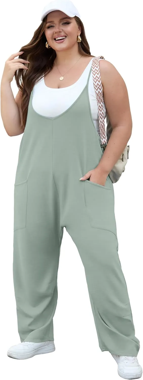 OLRIK 2025 Summer Women Plus Size Jumpsuit Adjustable Strap Overalls Loose Fit Stretchy Romper With Pockets