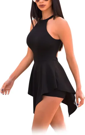 Ophestin Womens Zipper Halter Sleeveless Cutout Irregular Club Jumpsuit Rompers