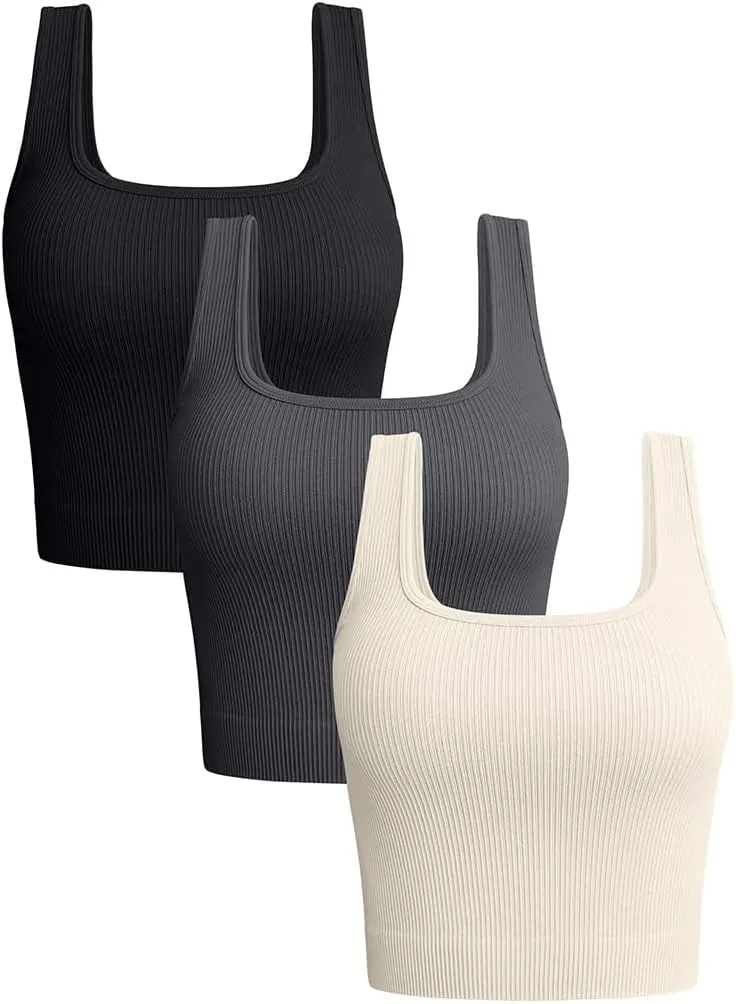 OQQ Women's 3 Piece Tank Tops Ribbed Seamless Workout Exercise Shirts 2025 Summer Basic Camis