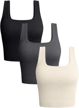 OQQ Women's 3 Piece Tank Tops Ribbed Seamless Workout Exercise Shirts 2025 Summer Basic Camis
