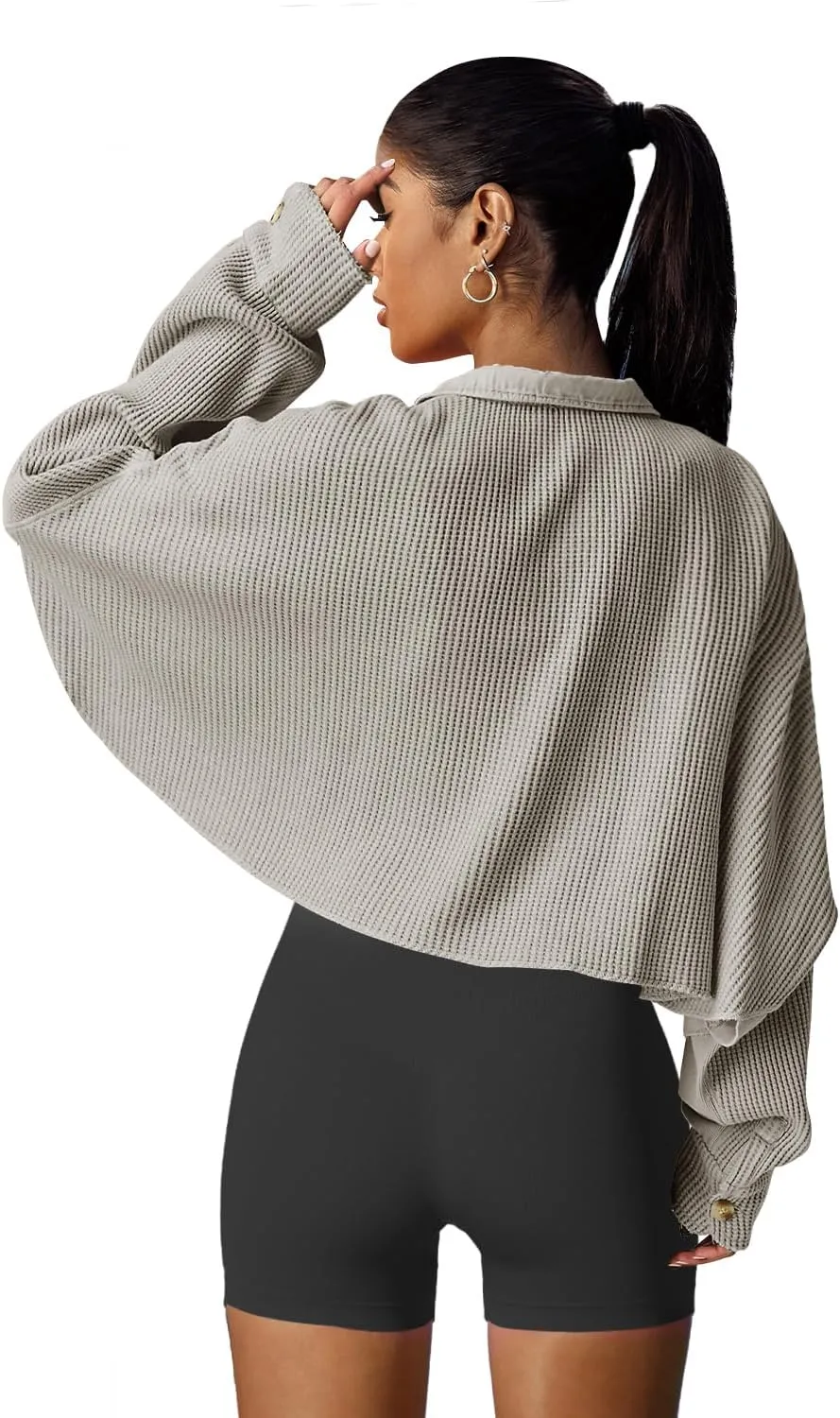 Panadila Women's Cropped Waffle Knit Shacket Short Button Down Jacket Batwing Sleeve Shirts with Pocket