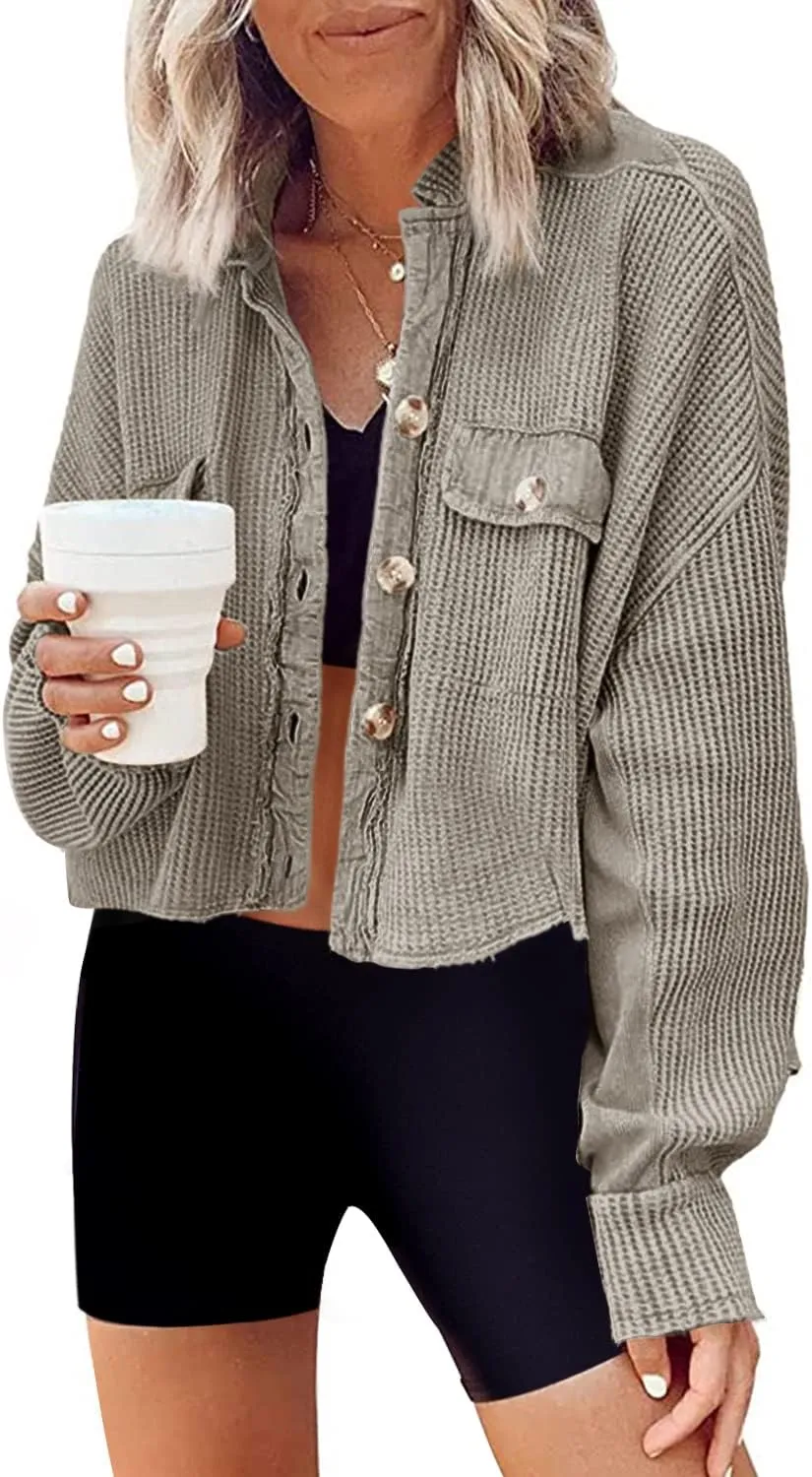 Panadila Women's Cropped Waffle Knit Shacket Short Button Down Jacket Batwing Sleeve Shirts with Pocket