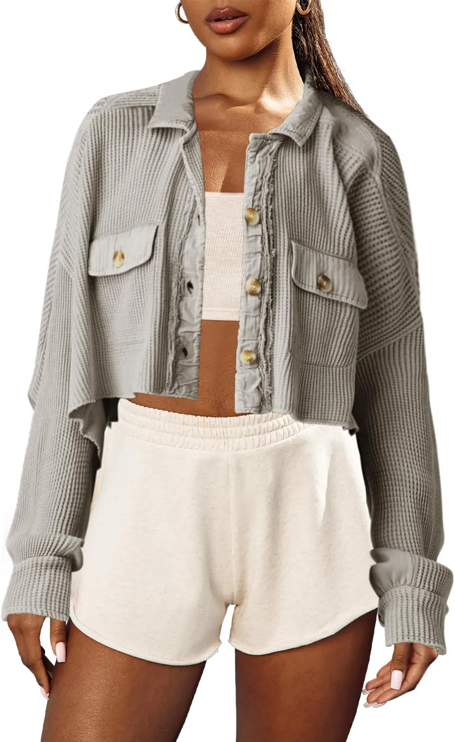 Panadila Women's Cropped Waffle Knit Shacket Short Button Down Jacket Batwing Sleeve Shirts with Pocket
