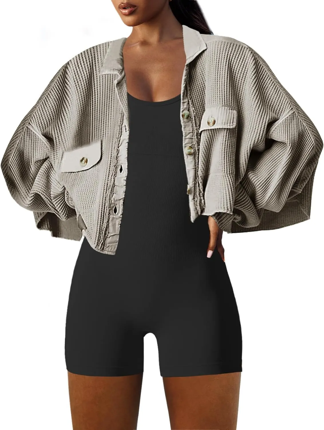 Panadila Women's Cropped Waffle Knit Shacket Short Button Down Jacket Batwing Sleeve Shirts with Pocket