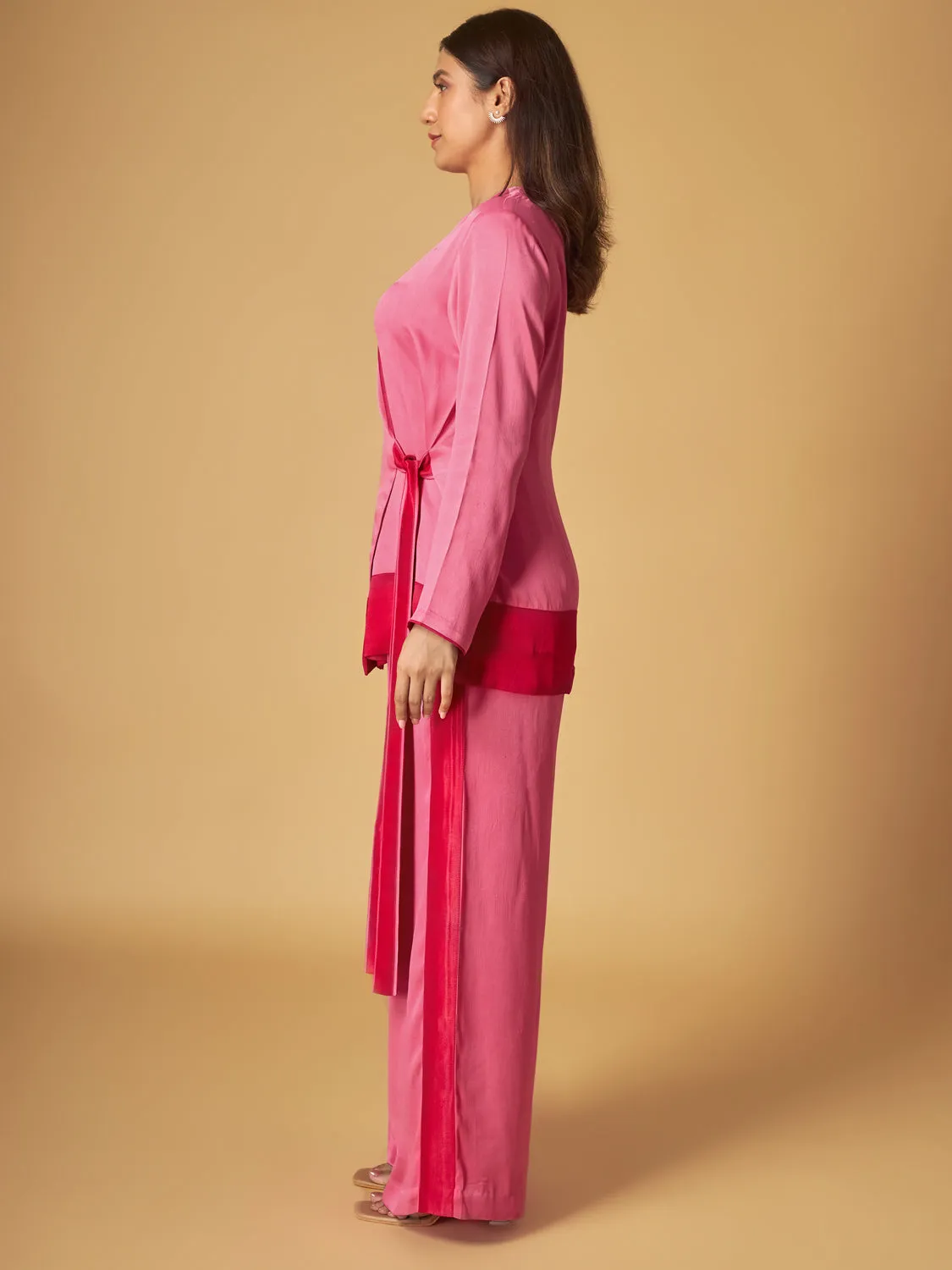 Pink Colorblock Crepe Satin Co-Ord Set