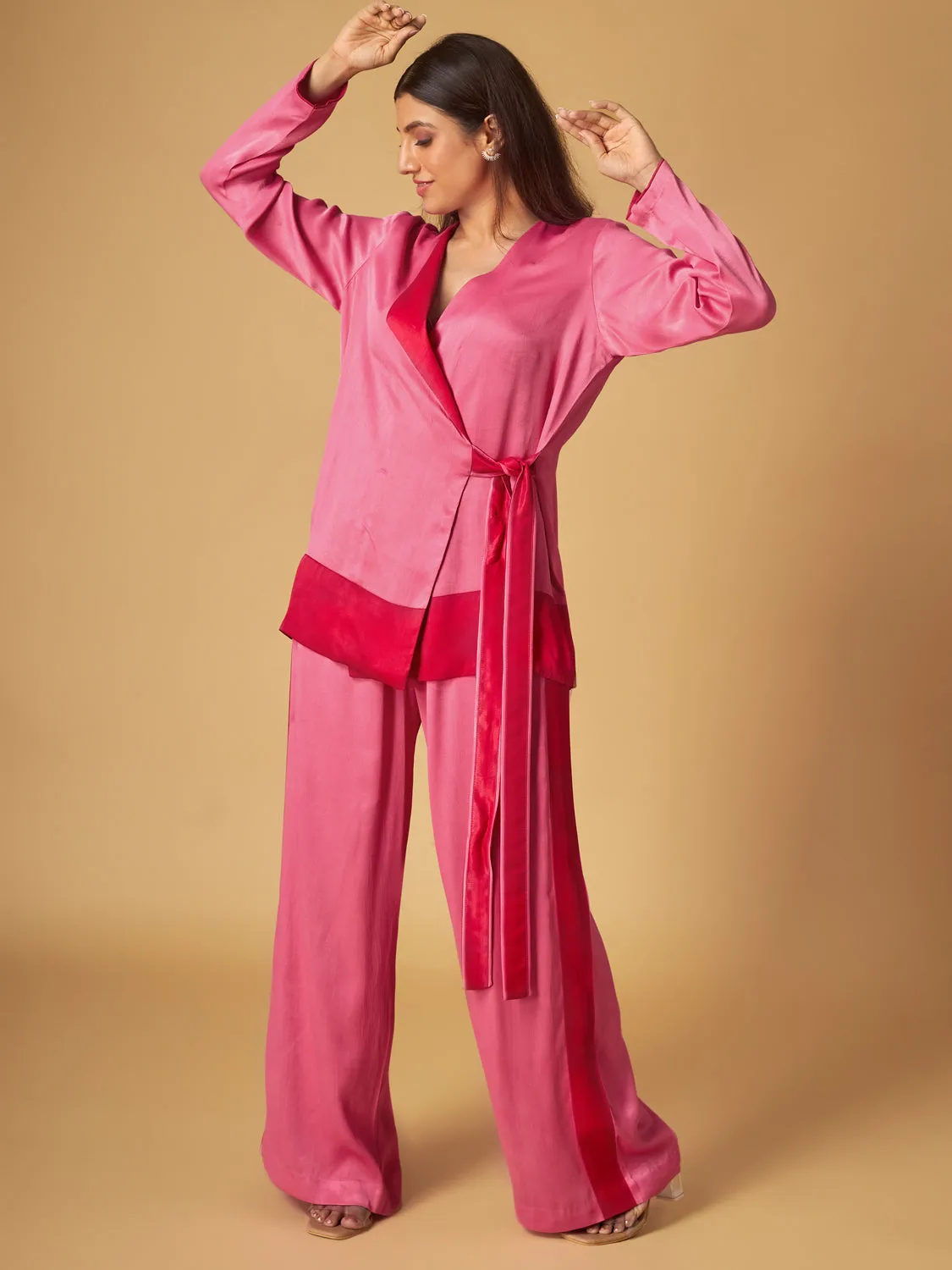 Pink Colorblock Crepe Satin Co-Ord Set