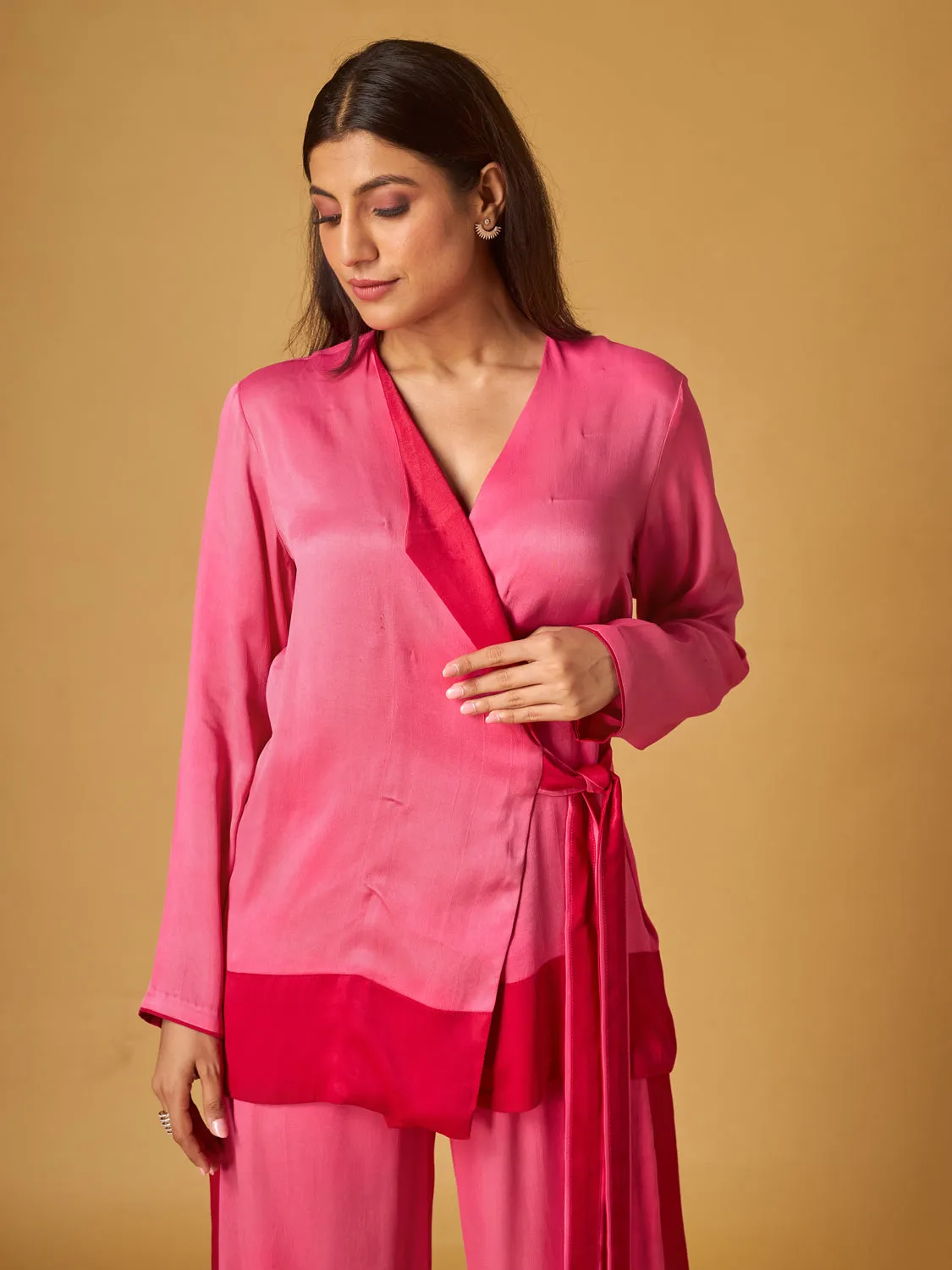 Pink Colorblock Crepe Satin Co-Ord Set