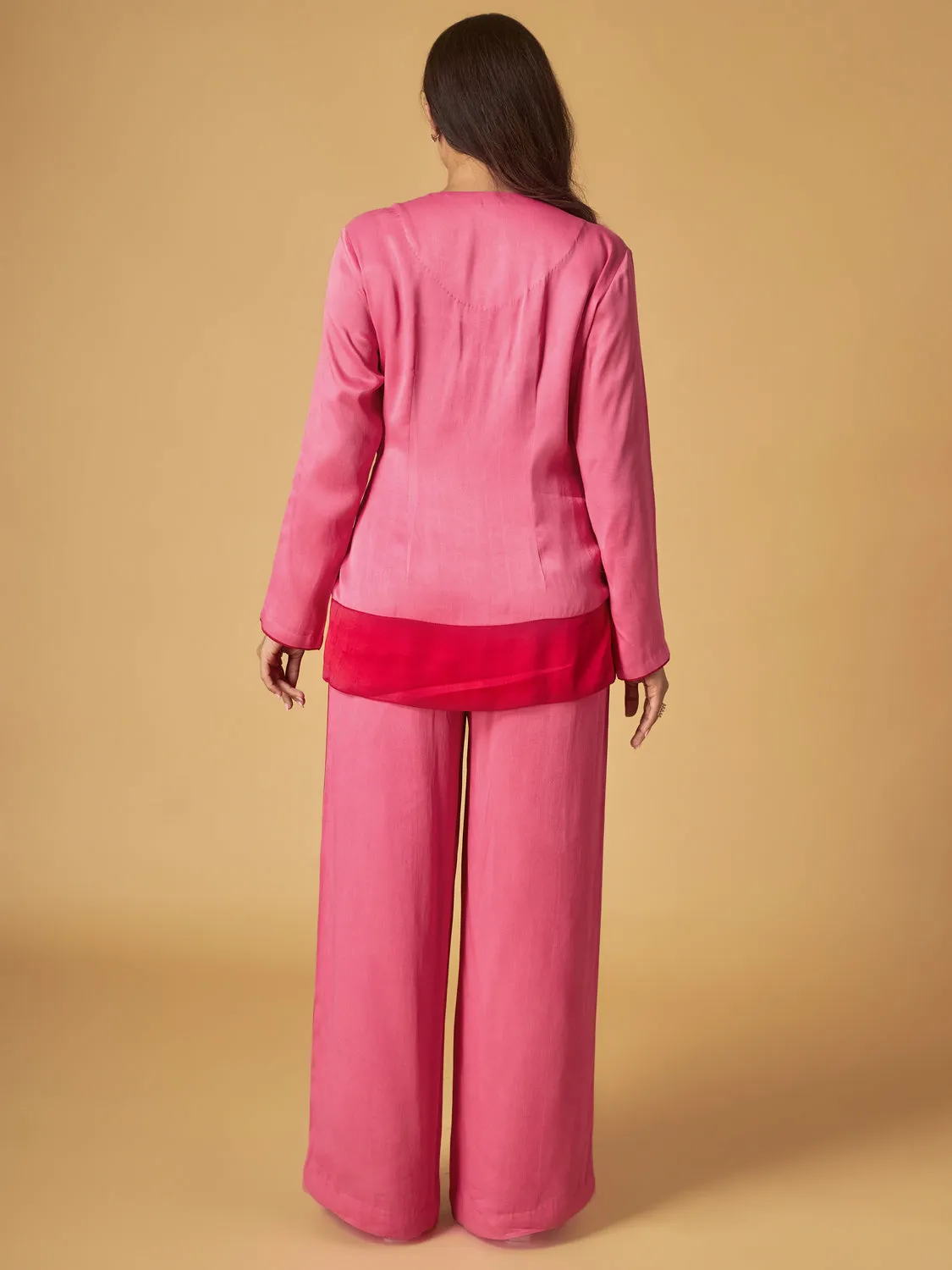 Pink Colorblock Crepe Satin Co-Ord Set