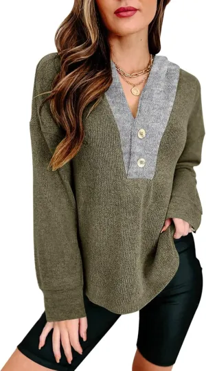 PINKMSTYLE Womens Casual Button V Neck Hoodies Oversized Pullover Sweatshirt Long Sleeve Shirts Army Green X-Large