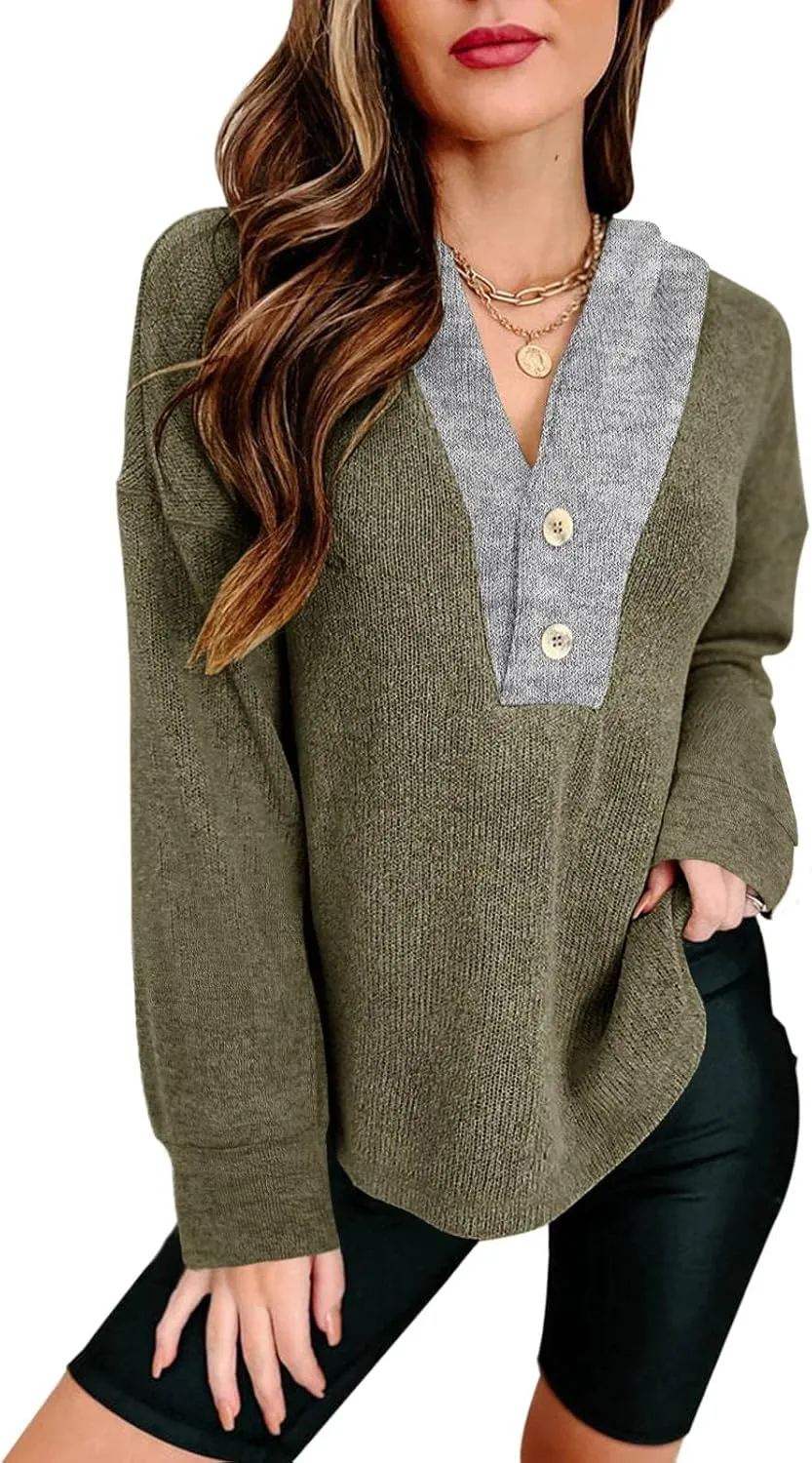 PINKMSTYLE Womens Casual Button V Neck Hoodies Oversized Pullover Sweatshirt Long Sleeve Shirts Army Green X-Large