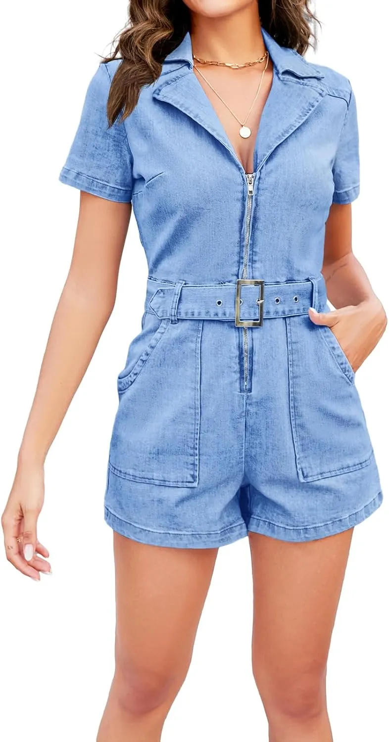 PLNOTME Women's Summer Denim Rompers Zip Up Belted Short Jeans Jumpsuits with Pockets