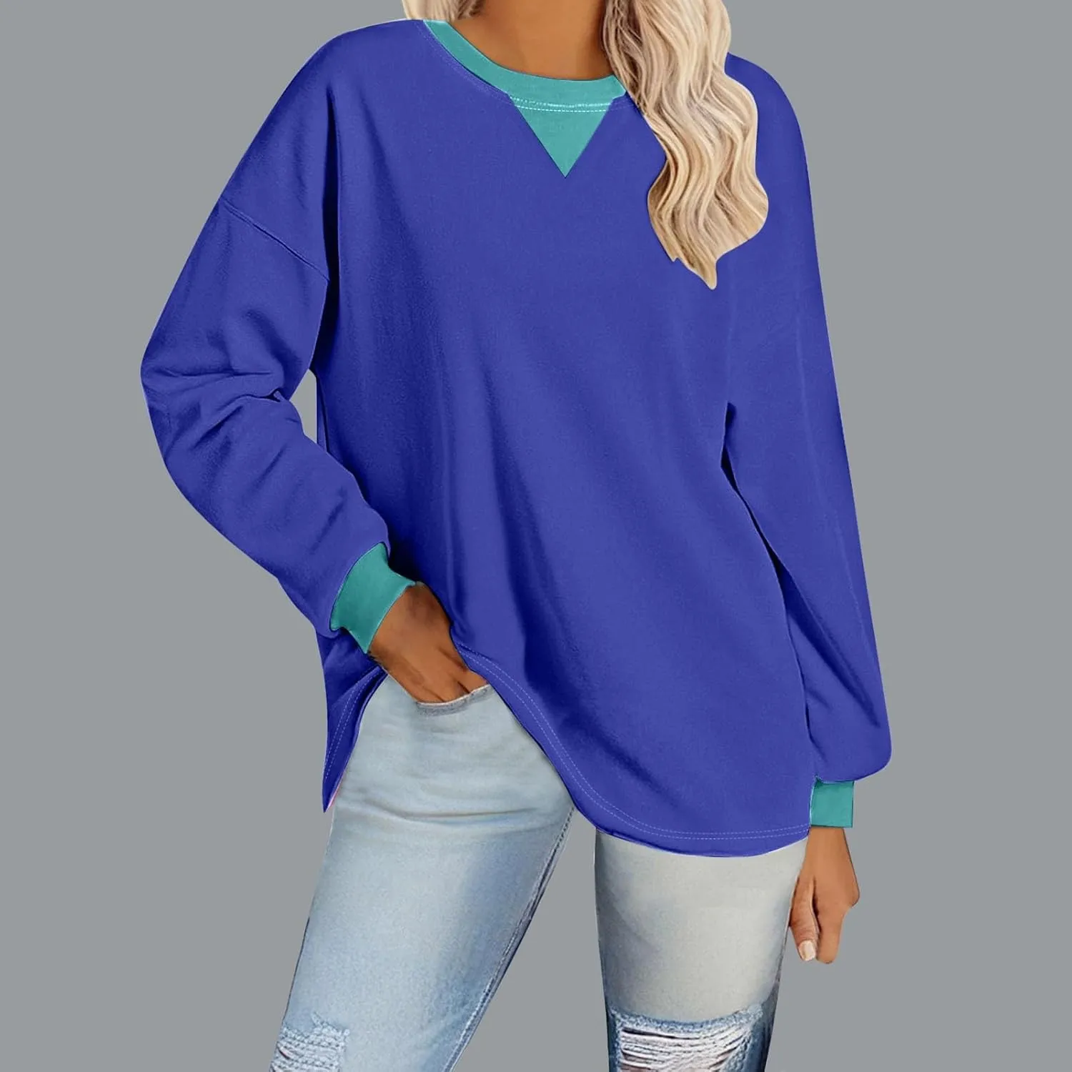 Plus Size Tops for Women Casual Long Sleeve Hoodie Round Neck Color Block Sweatshirts Daily Trendy Pullover Top