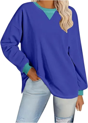 Plus Size Tops for Women Casual Long Sleeve Hoodie Round Neck Color Block Sweatshirts Daily Trendy Pullover Top