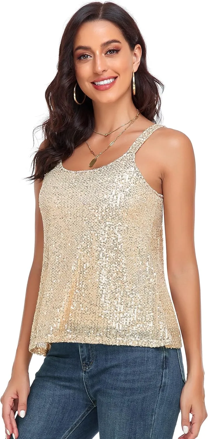 PrettyGuide Women's All Sequin Tank Tops Loose Flowy Sparkly Camisole Vest Club Party Shirt Top