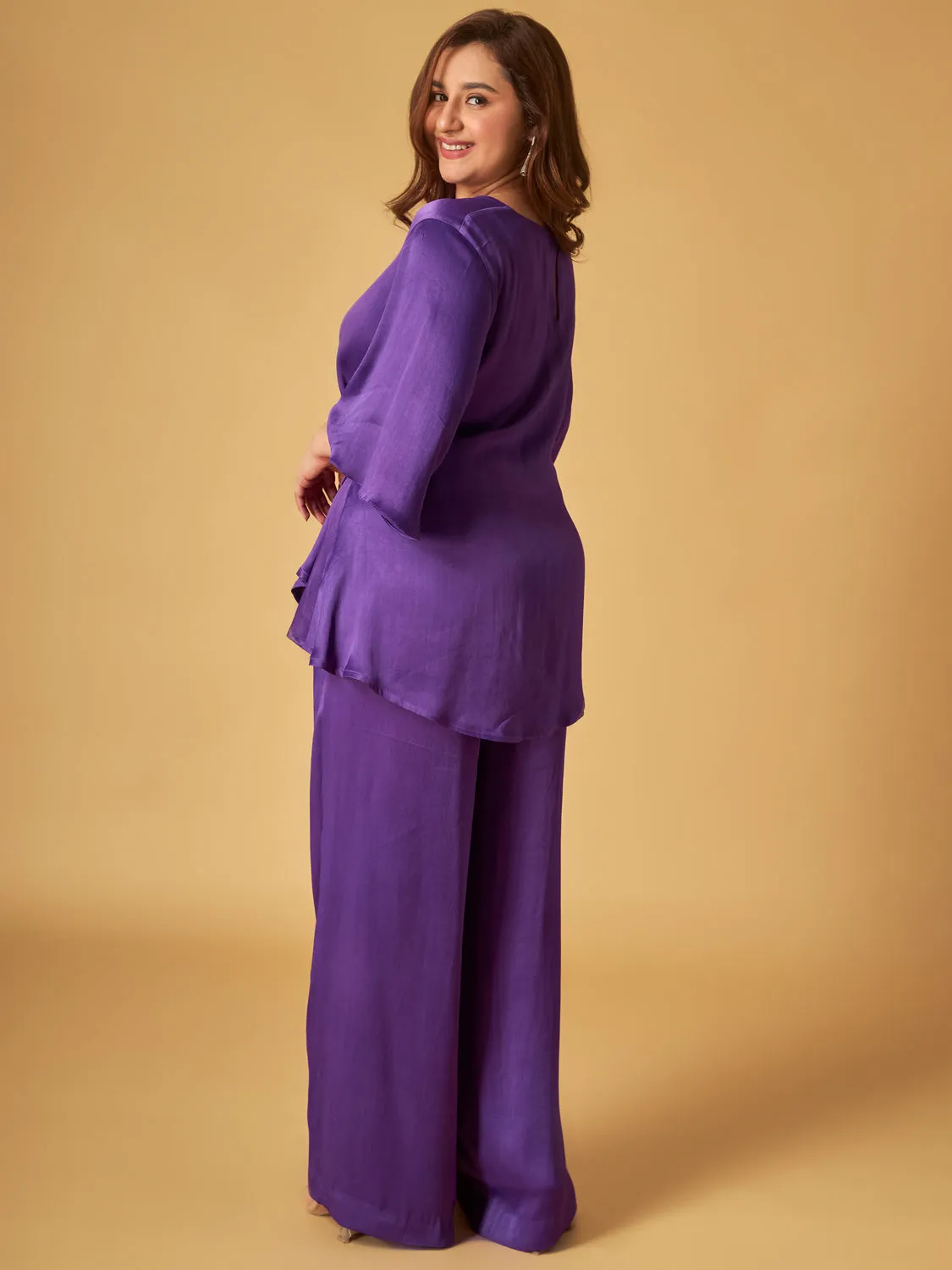 Purple Crepe Satin Front Tie Co-Ord Set