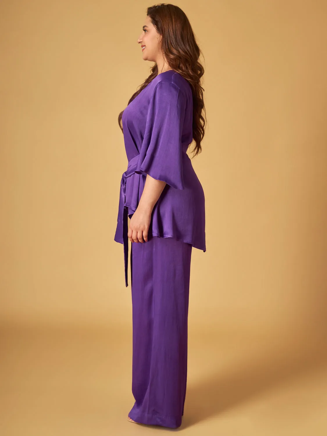 Purple Crepe Satin Front Tie Co-Ord Set