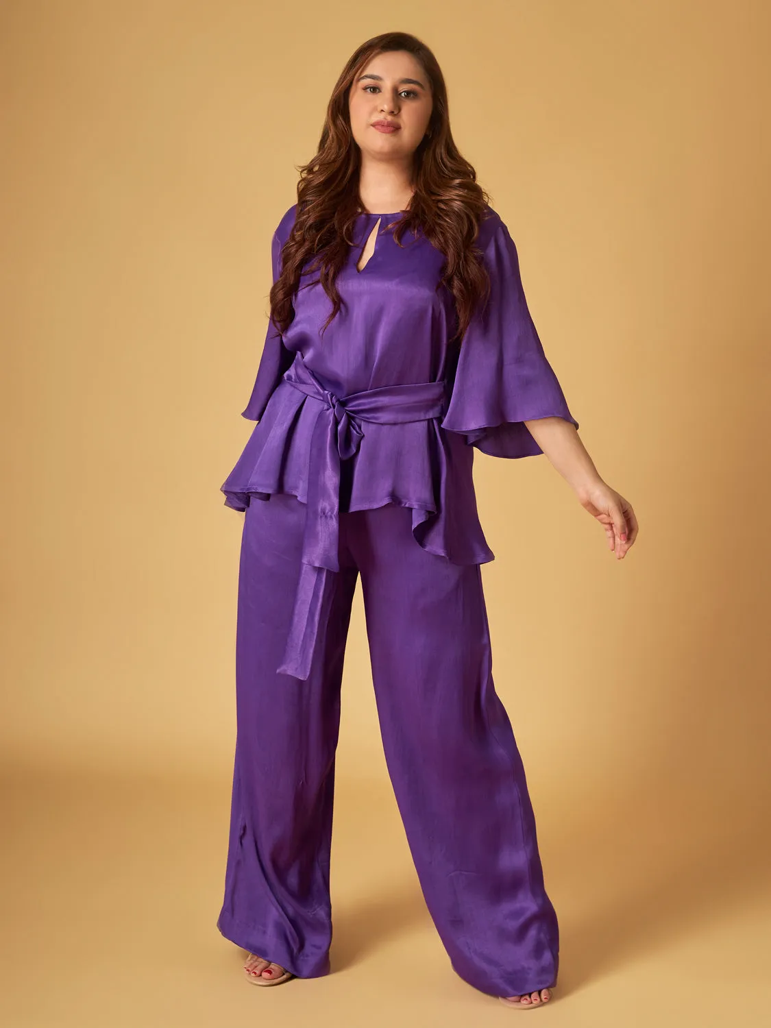 Purple Crepe Satin Front Tie Co-Ord Set