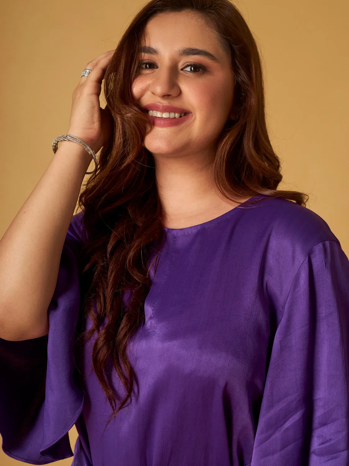 Purple Crepe Satin Front Tie Co-Ord Set