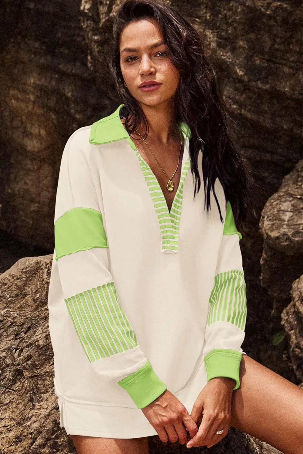 ReachMe Womens Oversized Striped Sweatshirts V Neck Loose Fit Tunic Colorblock Polo Shirts Patchwork Pullover Tops