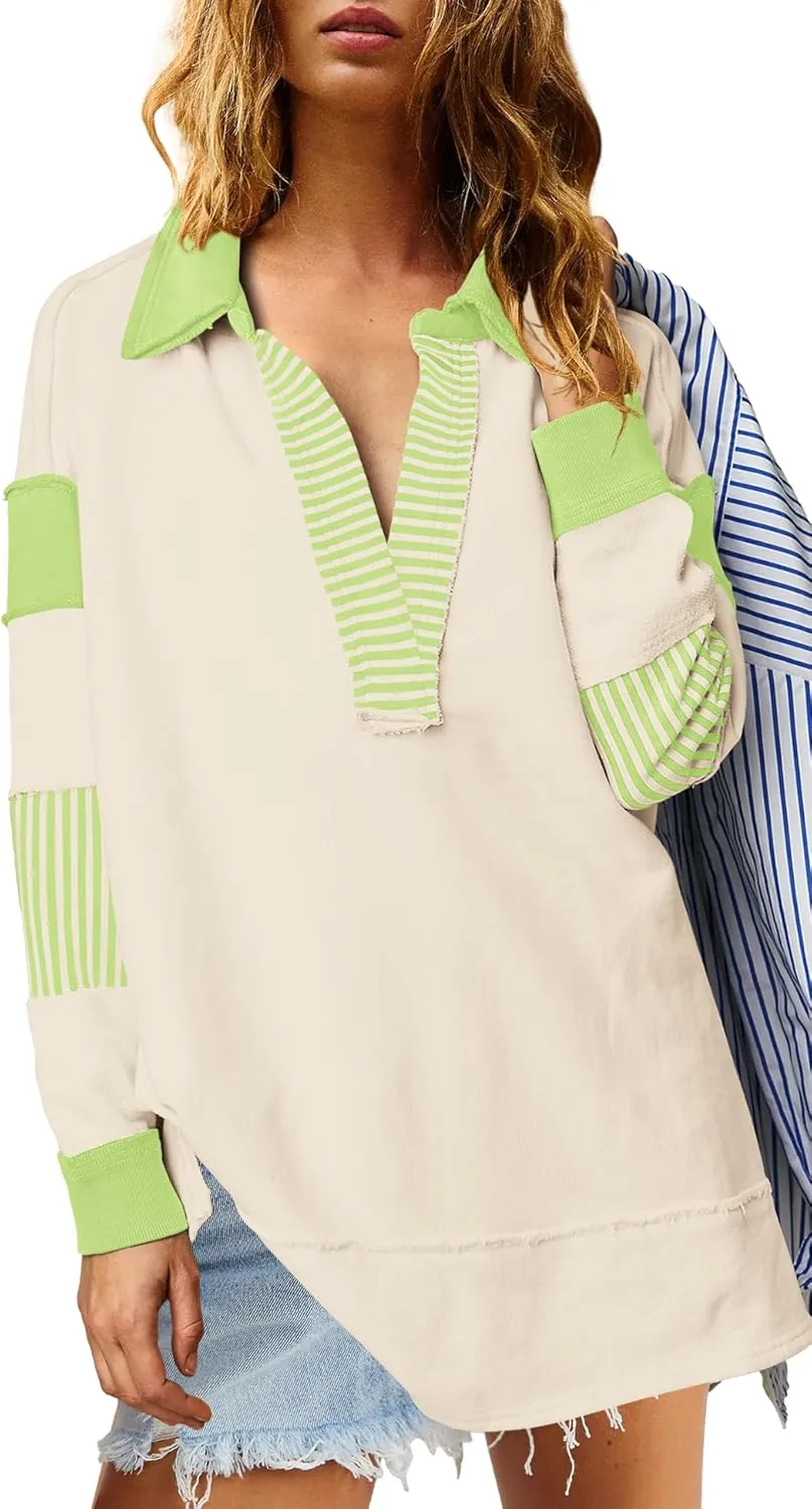 ReachMe Womens Oversized Striped Sweatshirts V Neck Loose Fit Tunic Colorblock Polo Shirts Patchwork Pullover Tops