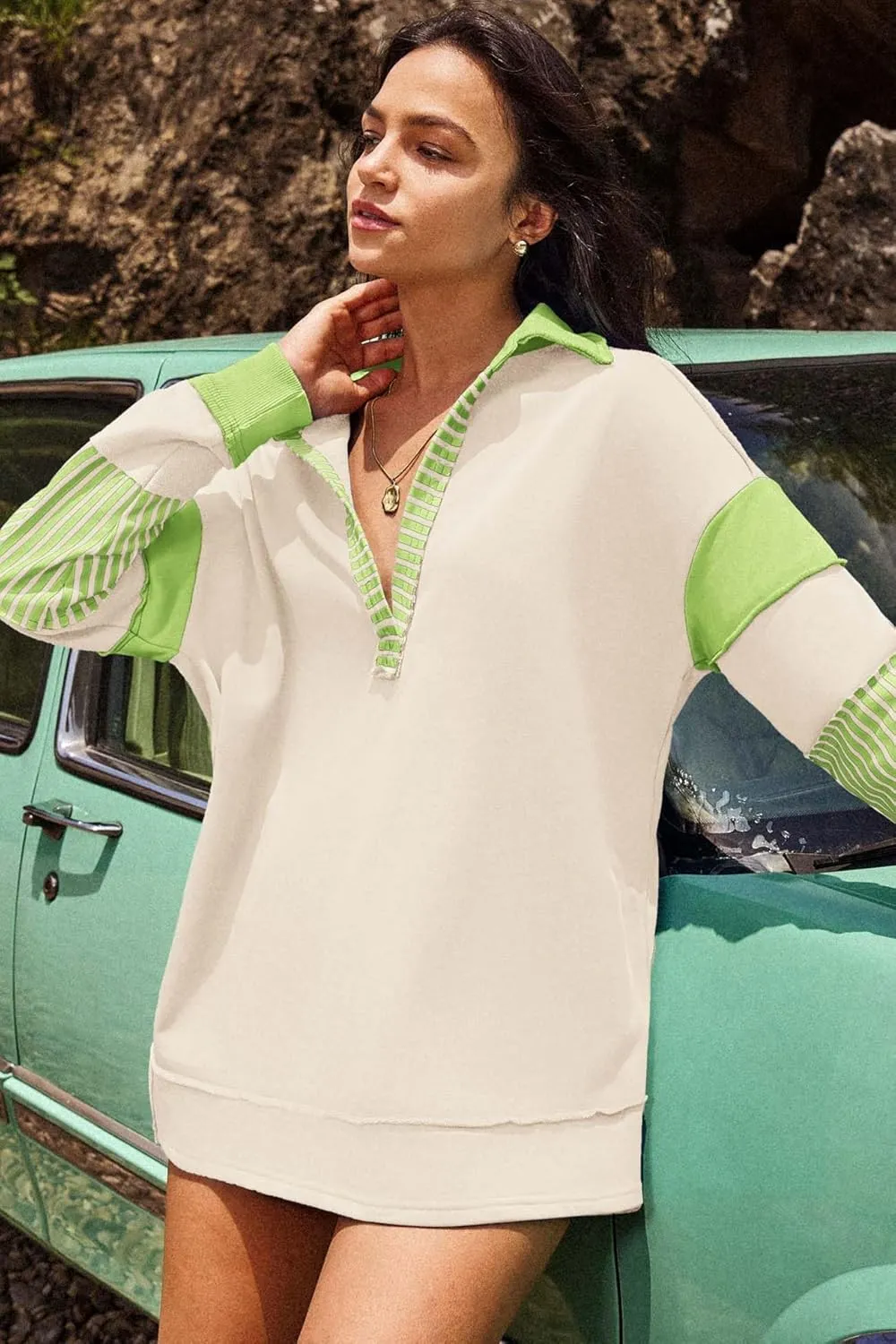 ReachMe Womens Oversized Striped Sweatshirts V Neck Loose Fit Tunic Colorblock Polo Shirts Patchwork Pullover Tops