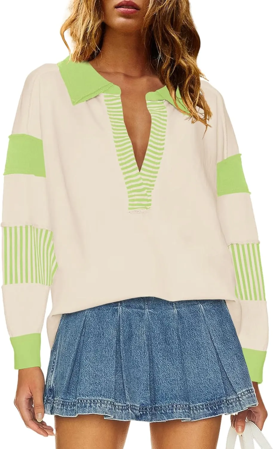 ReachMe Womens Oversized Striped Sweatshirts V Neck Loose Fit Tunic Colorblock Polo Shirts Patchwork Pullover Tops