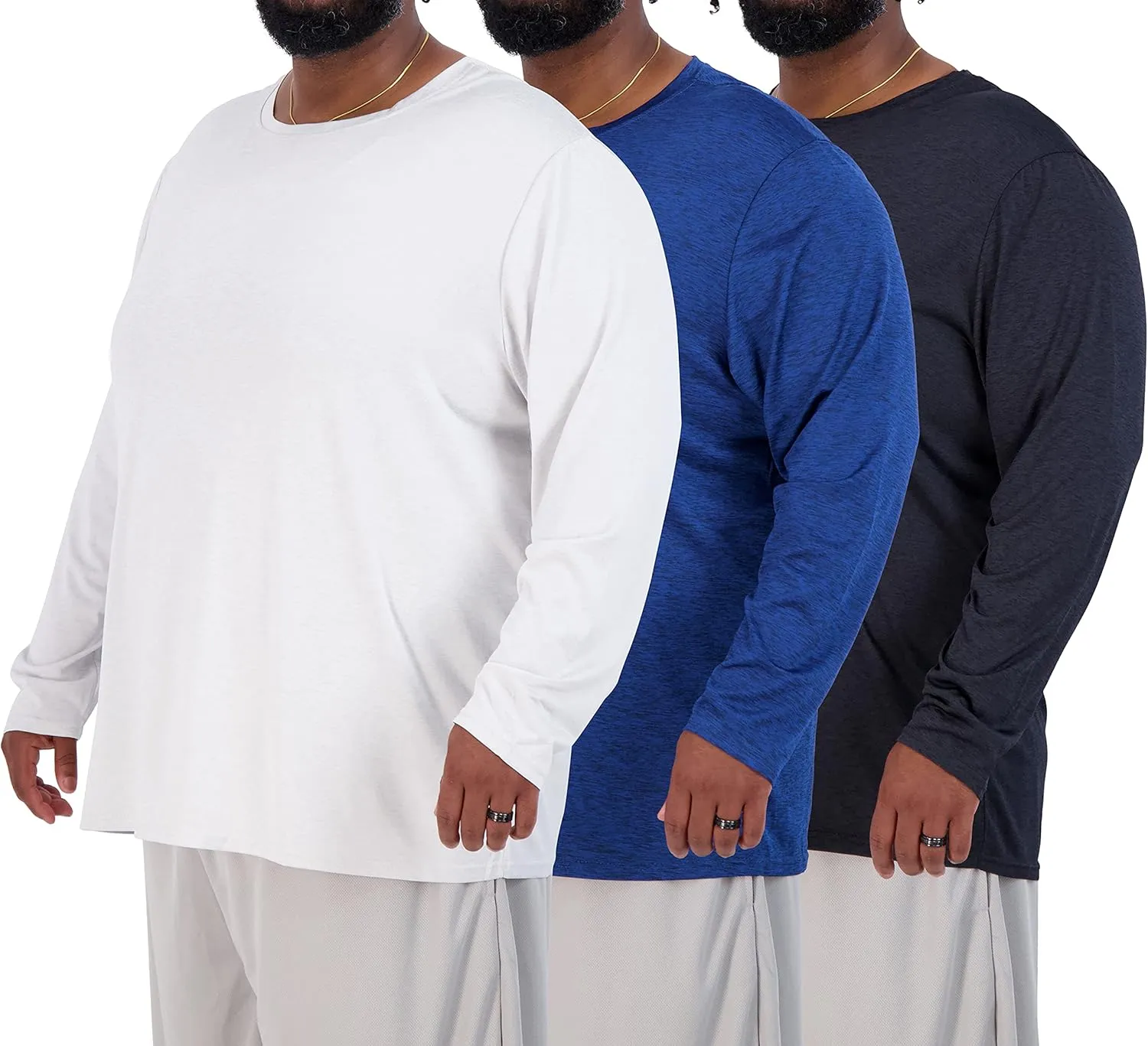 Real Essentials 3 Pack: Mens Big & Tall Tech Stretch Long-Sleeve & Short-Sleeve Dry-Fit T-Shirt (3XT-5XT)