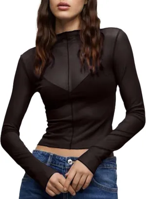 Remidoo Women's Mesh Top Tie Dye Sexy Sheer Long Sleeve Crop Tops Shirt