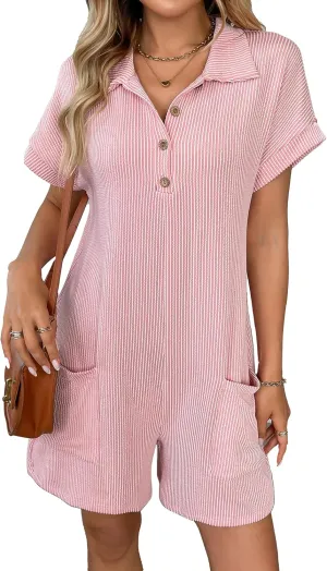 Rompers for Women Short Sleeve Button Down Elastic Short Jumpsuit with Pockets