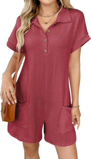 Rompers for Women Short Sleeve Button Down Elastic Short Jumpsuit with Pockets